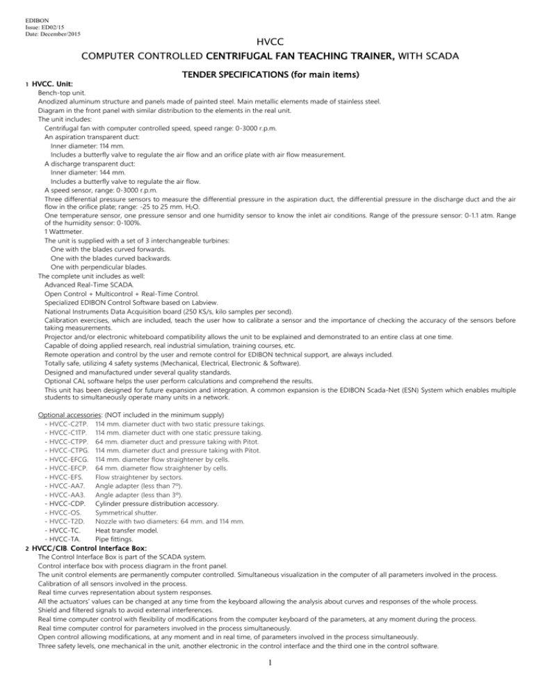HVCC COMPUTER CONTROLLED CENTRIFUGAL FAN TEACHING TRAINER, WITH SCADA
