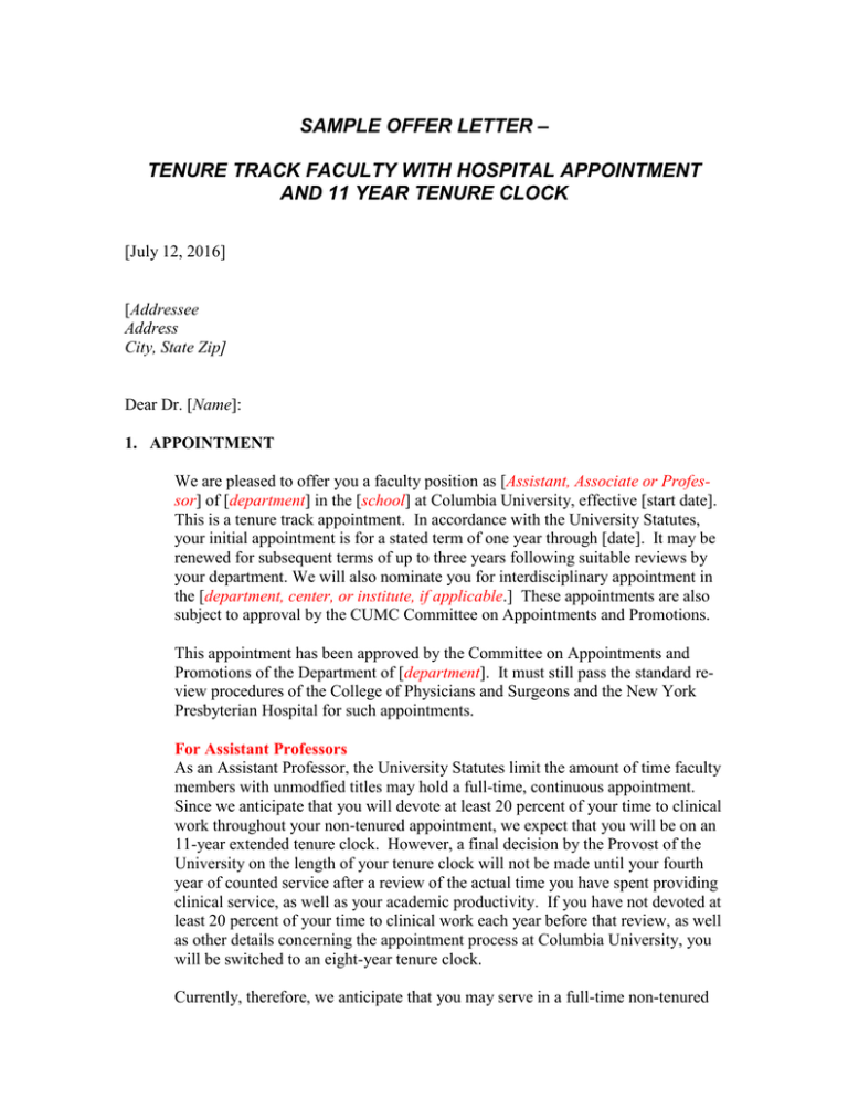 Sample Offer Letter Tenure Track Faculty With Hospital Appointment 6630