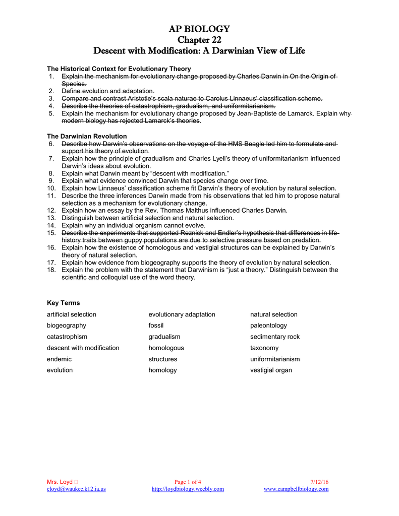 Ap Biology Chapter 22 Descent With Modification A Darwinian View Of Life