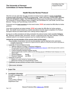 The University of Vermont Committees on Human Research Health Records Review Protocol