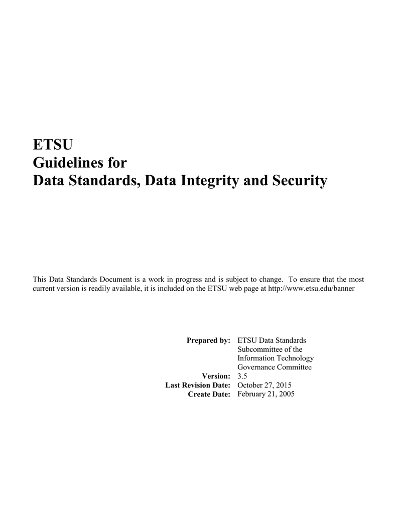 Etsu Guidelines For Data Standards Data Integrity And Security