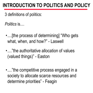 INTRODUCTION TO POLITICS AND POLICY