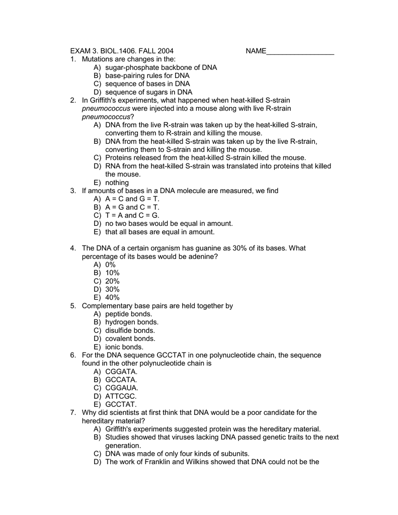 EXAM 3. BIOL.1406. FALL 2004 NAME_________________