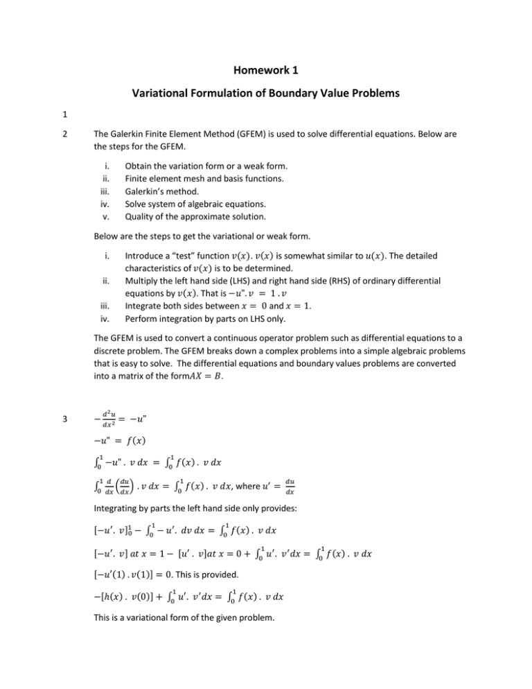 Homework 1 Variational Formulation Of Boundary Value Problems