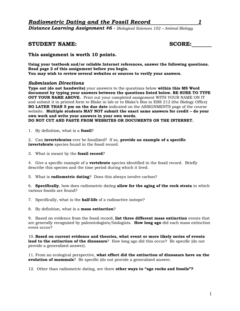 Radiometric Dating And The Fossil Record 1 Student Name