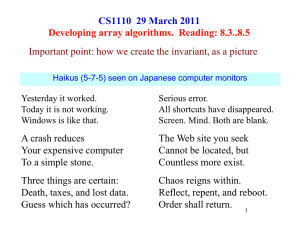 CS1110  29 March 2011 Developing array algorithms.  Reading: 8.3..8.5