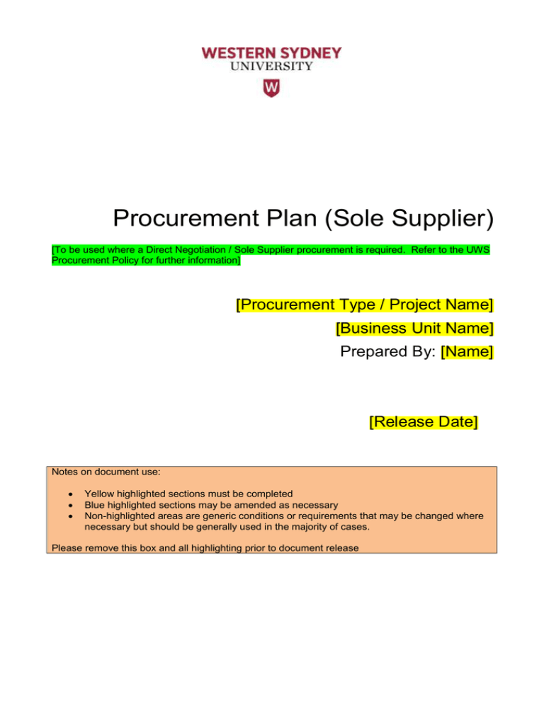 Procurement Plan (Sole Supplier)