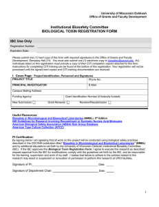 Institutional Biosafety Committee BIOLOGICAL TOXIN REGISTRATION FORM  IBC Use Only