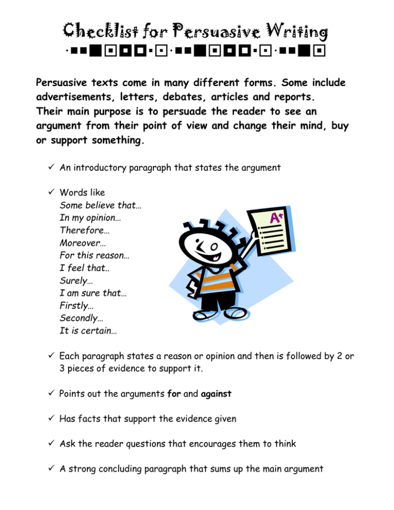 checklist for persuasive essay