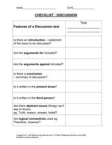 CHECKLIST : DISCUSSION  Features of a Discussion text Text