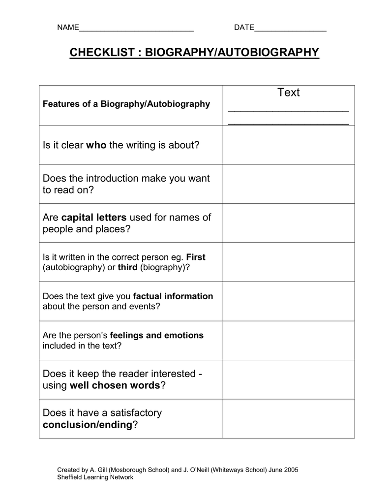 features of an autobiography checklist