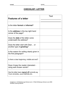 Features of a letter CHECKLIST: LETTER  Text