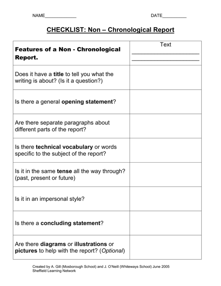 Chronological Report CHECKLIST Non