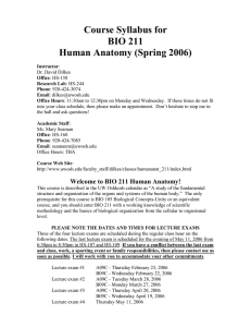 Course Syllabus for BIO 211 Human Anatomy (Spring 2006)