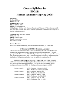 Course Syllabus for BIO211 Human Anatomy (Spring 2008)