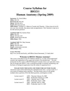 Course Syllabus for BIO211 Human Anatomy (Spring 2009)