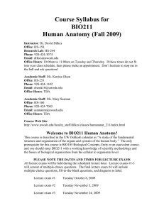 Course Syllabus for BIO211 Human Anatomy (Fall 2009)