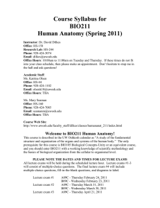 Course Syllabus for BIO211 Human Anatomy (Spring 2011)