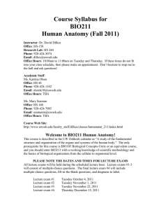 Course Syllabus for BIO211 Human Anatomy (Fall 2011)