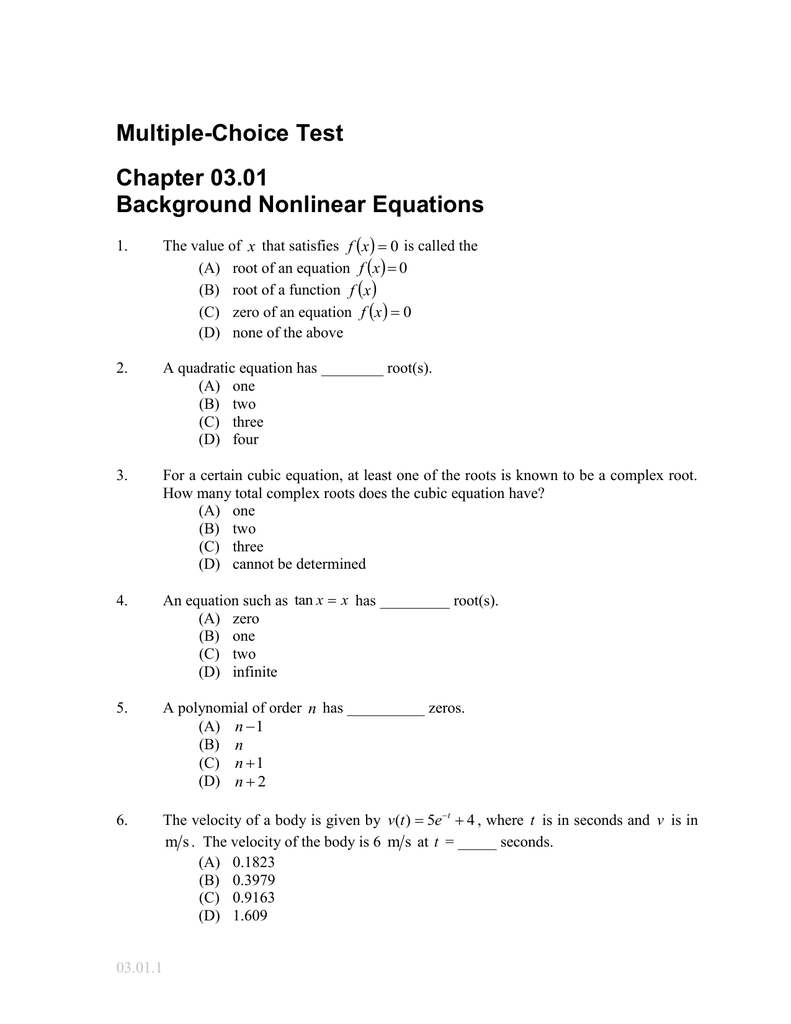 Multiple Choice Test Chapter 03 01 Background Nonlinear Equations