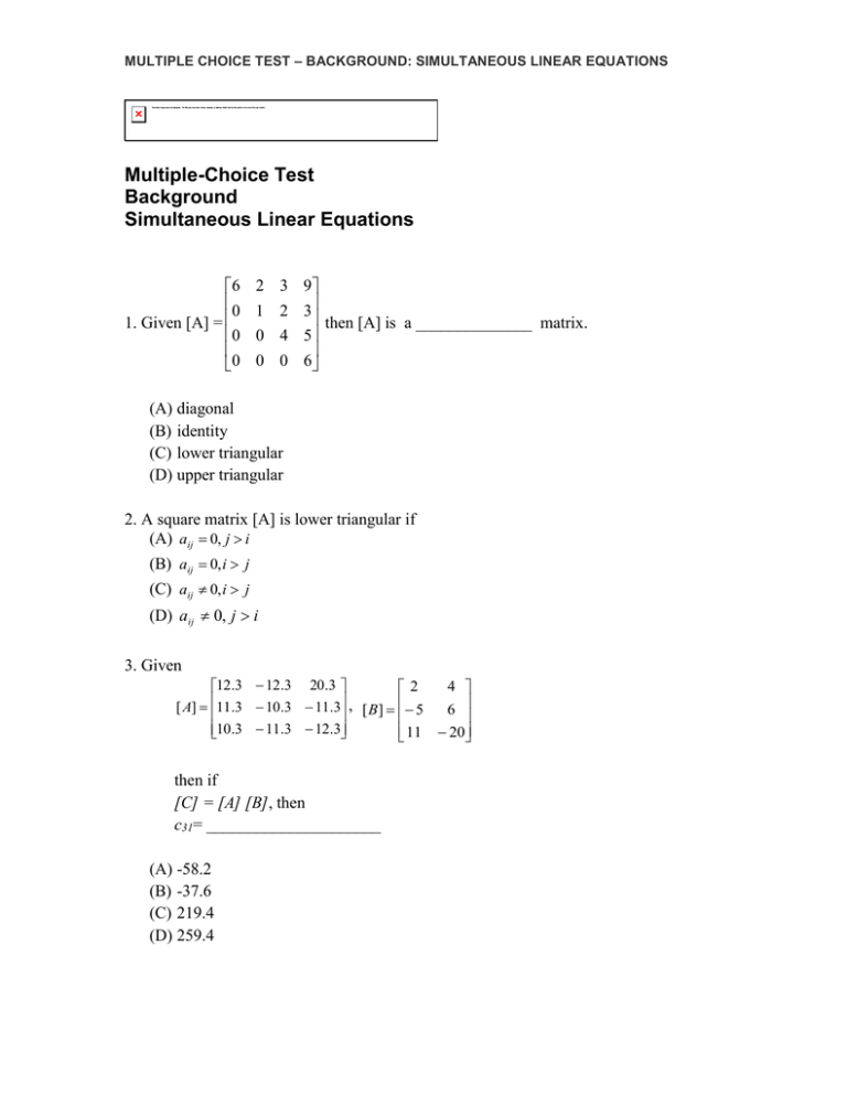 Multiple Choice Test Background Simultaneous Linear Equations