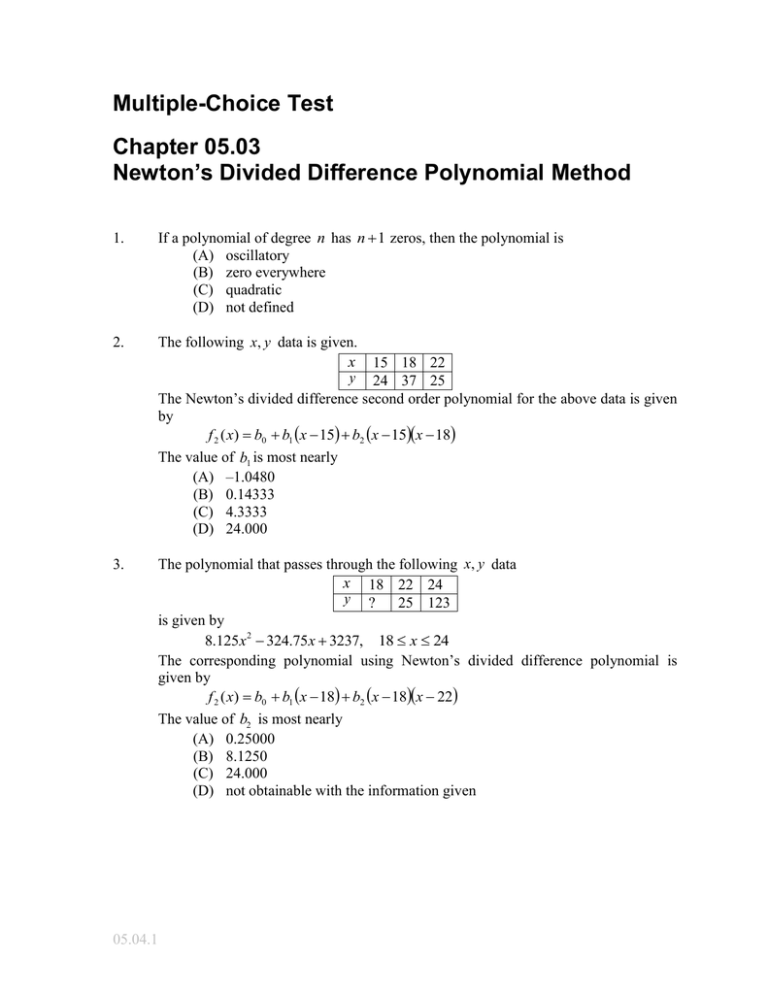 Multiple Choice Test Chapter 05 03 Newton S Divided Difference Polynomial Method