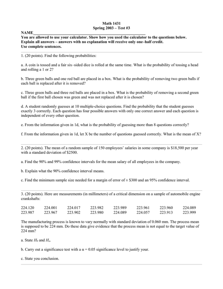 Math 1431 Spring 2003 Test 3 NAME