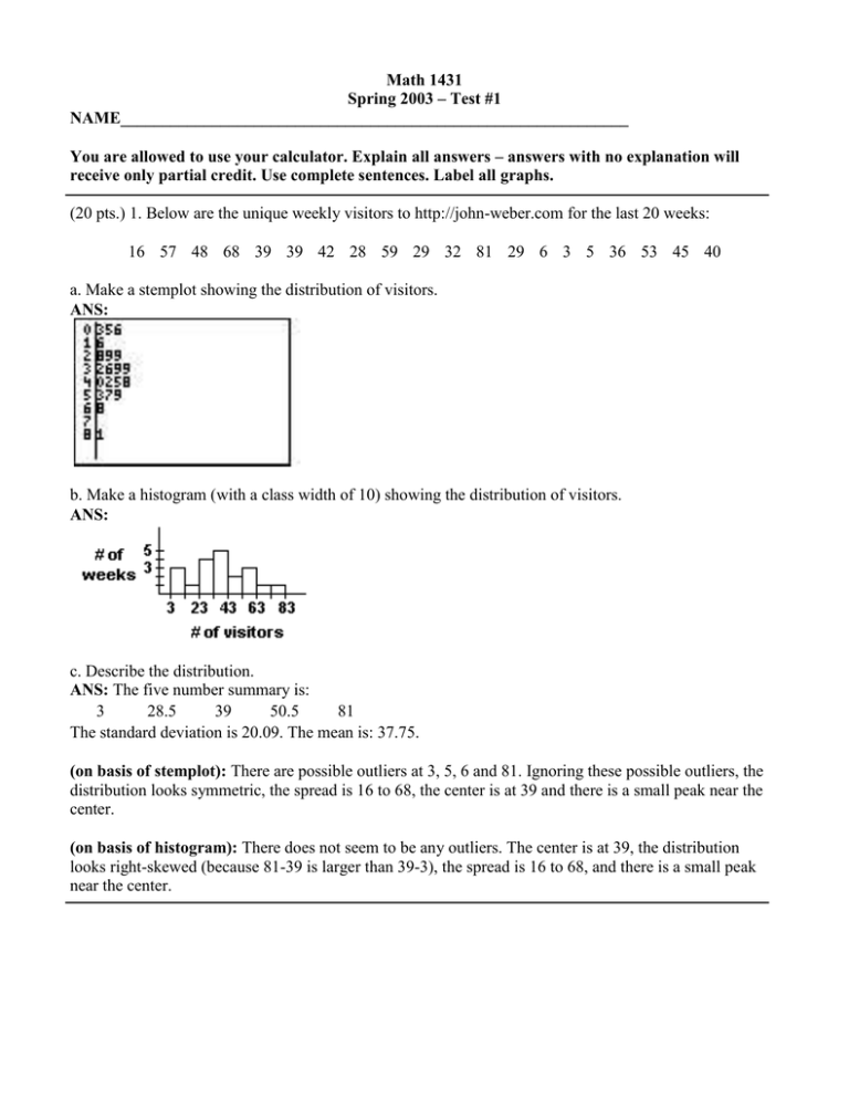 Math 1431 Spring 2003 Test 1 NAME