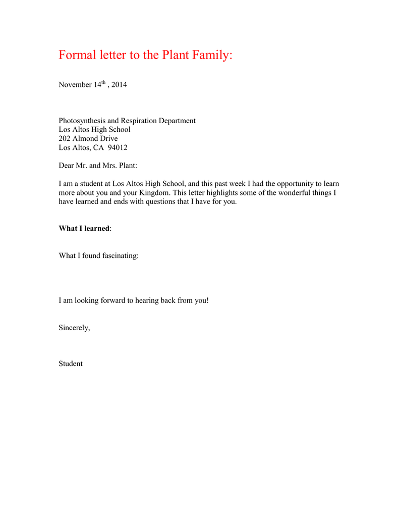 Formal Letter To The Plant Family