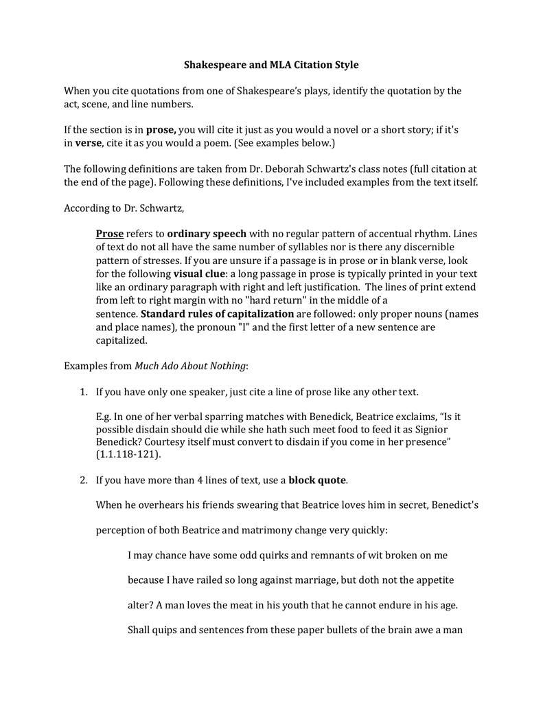 Shakespeare and MLA Citation Style act, scene, and line numbers.