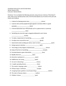 Vocabulary Exercise for Latin &amp; Greek Roots Winter Quarter 2015