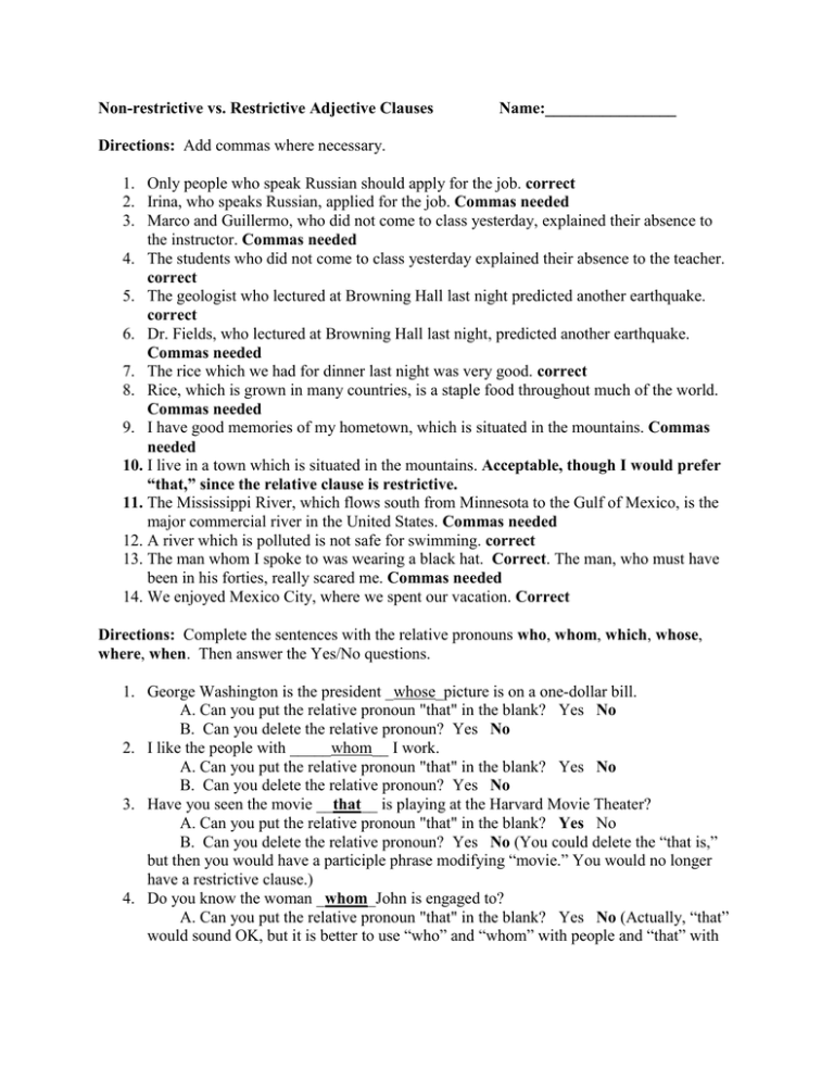 Non restrictive Vs Restrictive Adjective Clauses Directions Correct