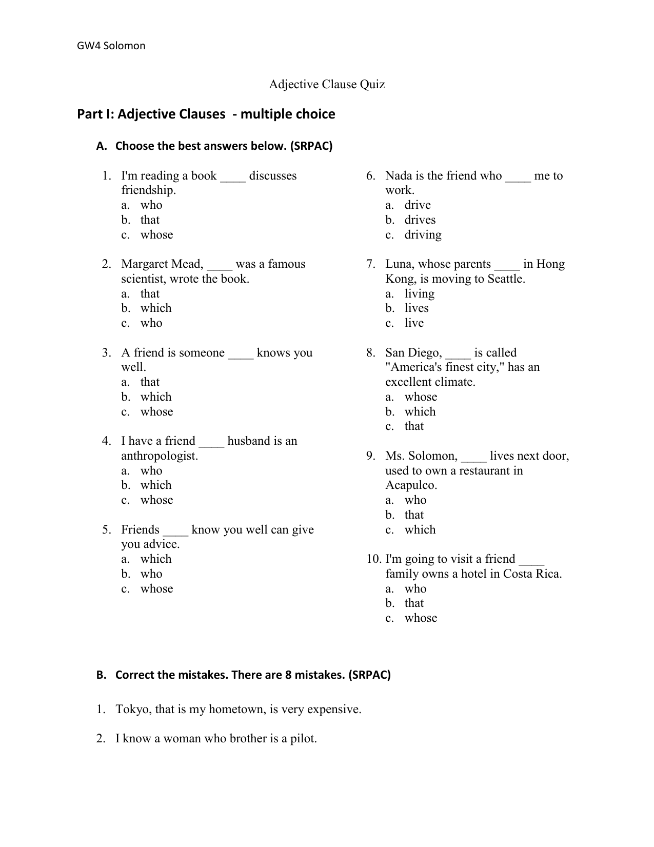 adjective multiple choice clauses clause quiz answers solomon gw4