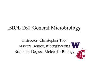 BIOL 260-General Microbiology Instructor: Christopher Thor Masters Degree, Bioengineering Bachelors Degree, Molecular Biology