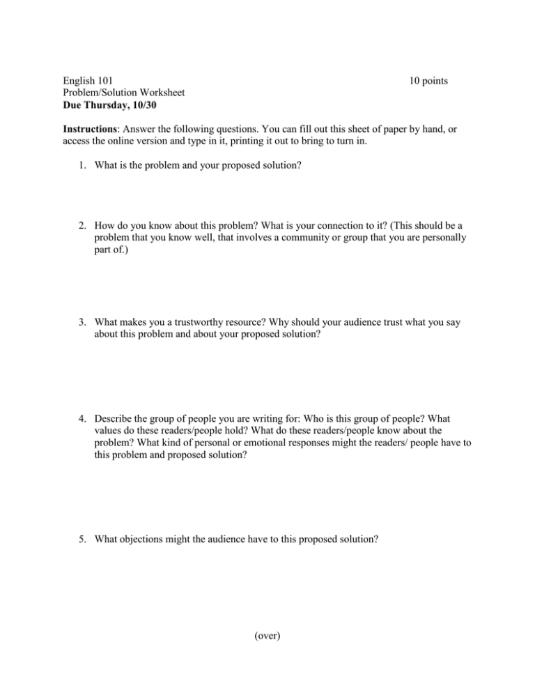 English 101 10 Points Problem Solution Worksheet
