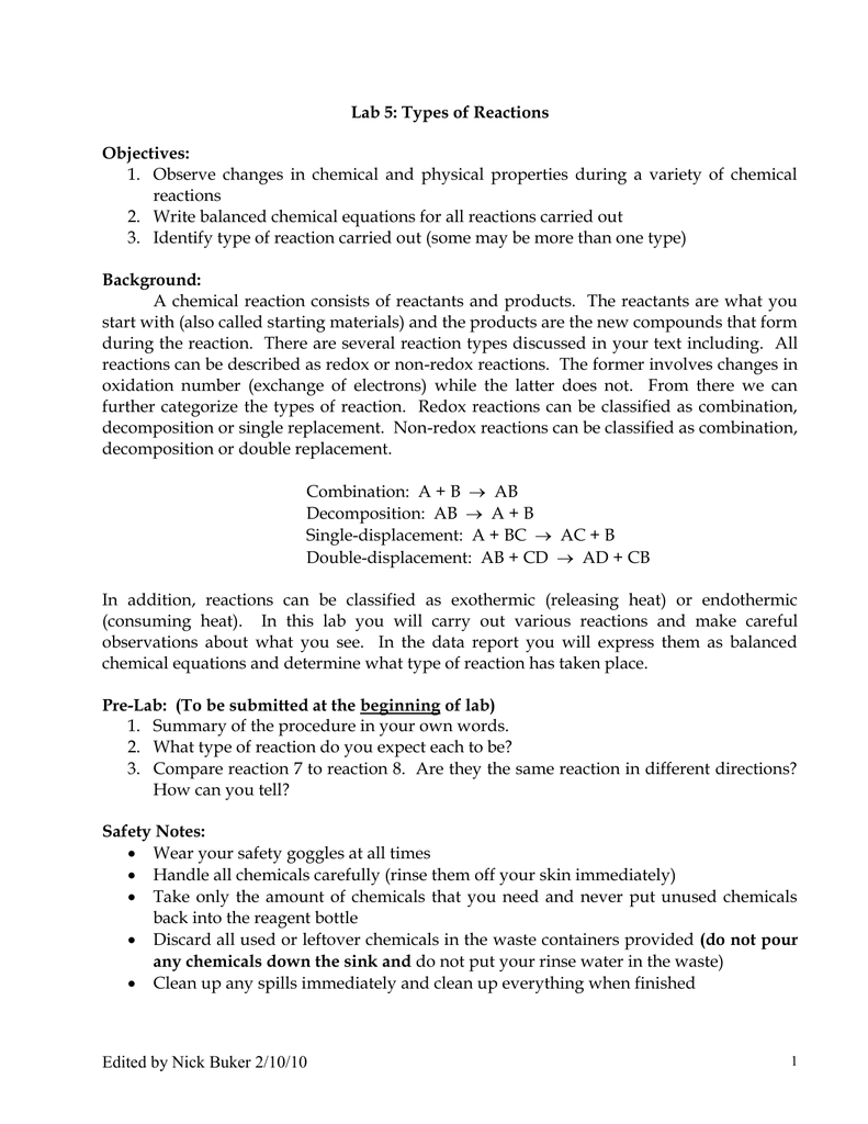 lab types of reactions assignment lab report