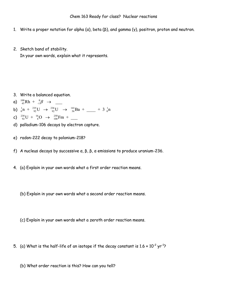 Chem 163 Ready For Class Nuclear Reactions