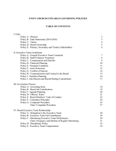 UNITY CHURCH-UNITARIAN GOVERNING POLICIES TABLE OF CONTENTS  I: Ends