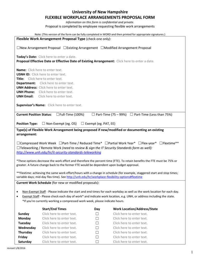 University Of New Hampshire FLEXIBLE WORKPLACE ARRANGEMENTS PROPOSAL FORM