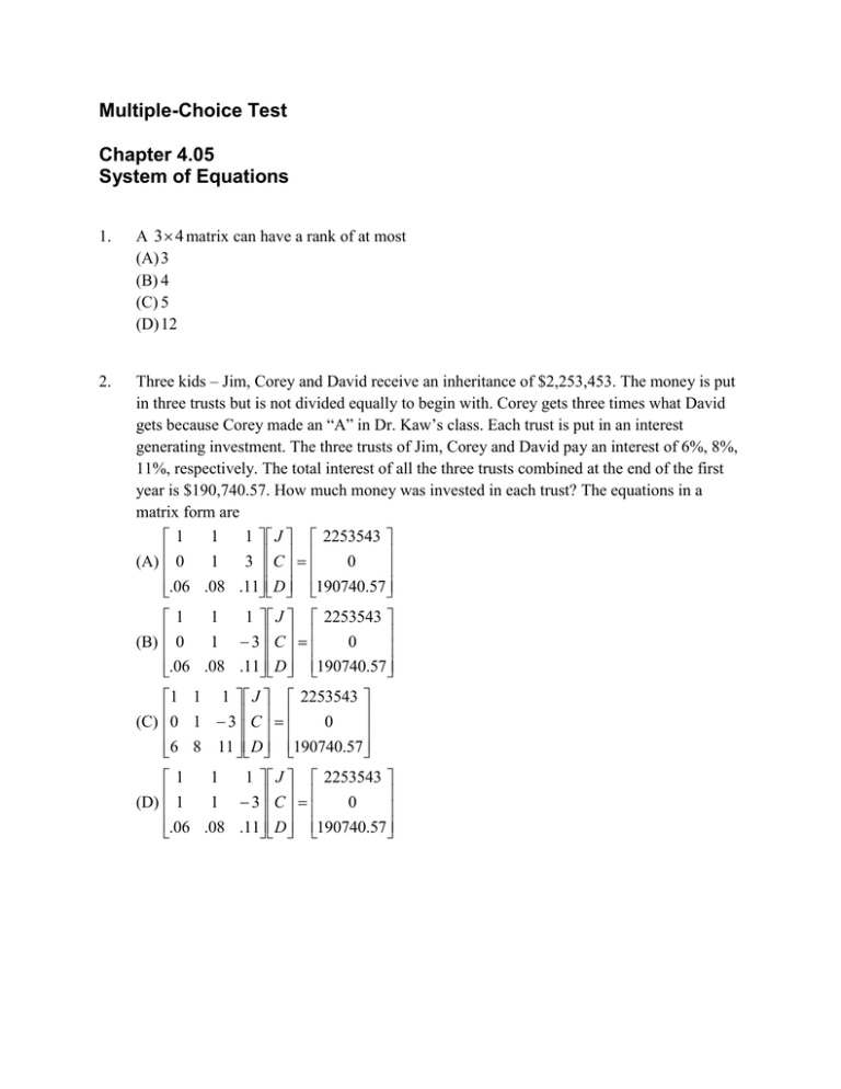 Multiple Choice Test Chapter 4 05 System Of Equations