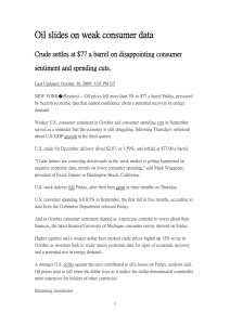 Oil slides on weak consumer data sentiment and spending cuts.