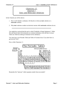 Chemistry 12 Tutorial 7 Ionic and Molecular Solutions