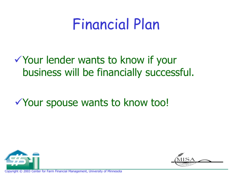 the financial plan aspect of a business plan to a potential lender