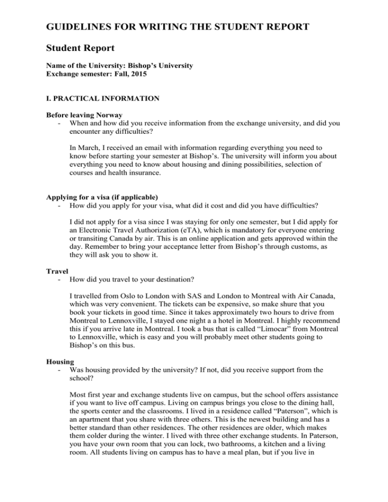 GUIDELINES FOR WRITING THE STUDENT REPORT Student Report
