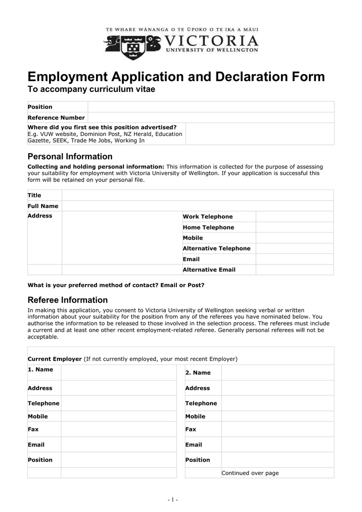 Employment Application and Declaration Form To accompany ...