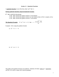 quadratic function b Section 3.1 – Quadratic Functions