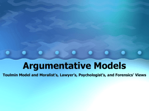 Argumentative Models Toulmin Model and Moralist’s, Lawyer’s, Psychologist’s, and Forensics' Views