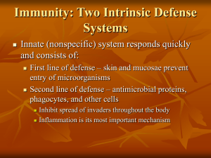 Immunity: Two Intrinsic Defense Systems Innate (nonspecific) system responds quickly and consists of:
