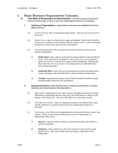 I. Basic Business Organization Concepts A. The Role of Economics &amp; Government-