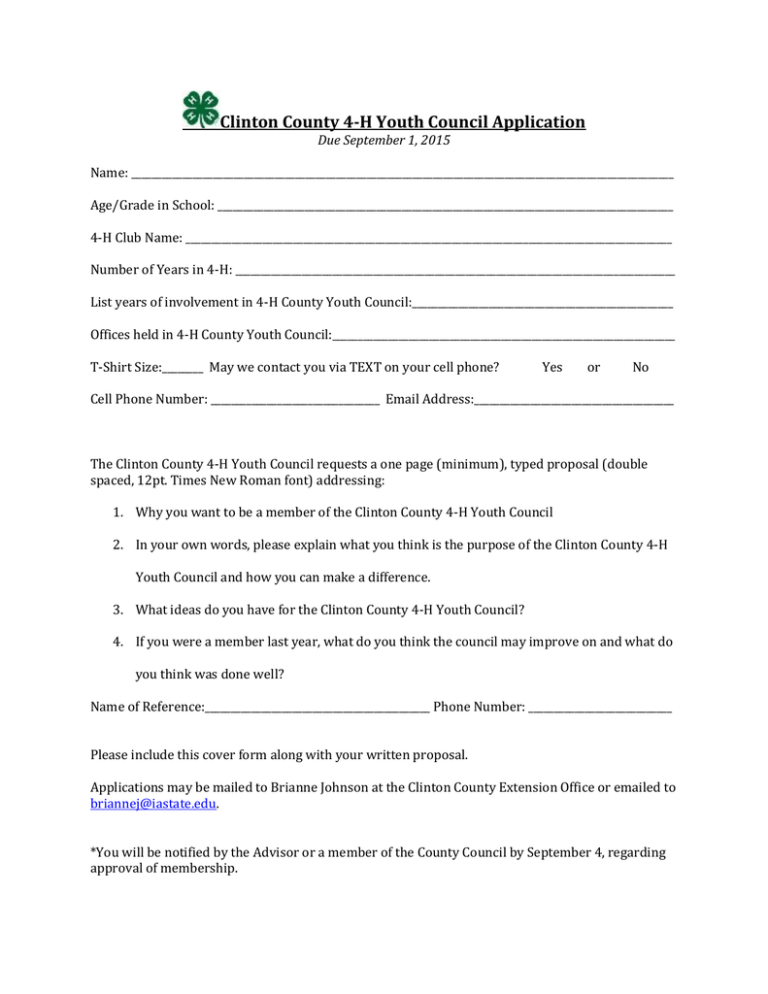 Clinton County 4H Youth Council Application